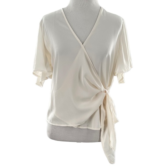 Express womens top size M cream wrap flutter sleeve career - Picture 1 of 11